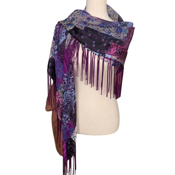 Vintage Elaine Gold for Collection XIIX Purple Patchwork Fringed Sheer Art Scarf - Picture 1 of 13